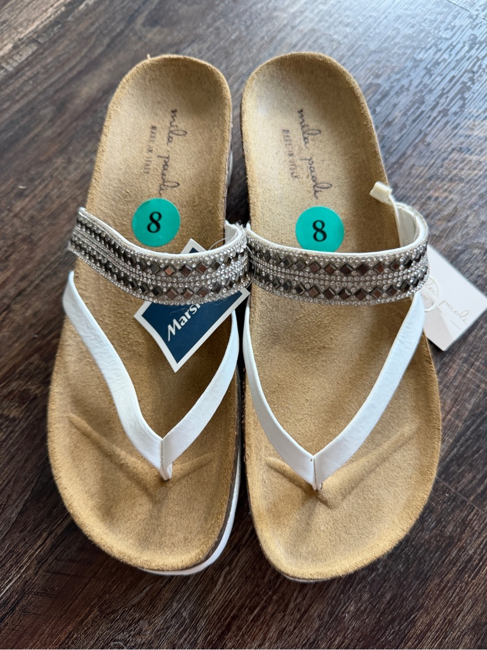 Mila Paoli White Thong Sandals with Silver Beaded Band